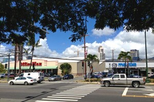 An Office Max store and the Cutter Mazda dealership are seen on Ala Moana Boulevard in Honolulu. The two blocks, owned by Kamehameha Schools, are to be developed by a joint venture of the Kobayashi Group and The MacNaughton Group into luxury condominium towers, a source tells Pacific Business News.