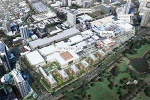 This diagram over an aerial photograph of Ala Moana Center provided by developers The MacNaughton Group, Kobayashi Group and BlackSand Capital shows where a group of ultra-luxury condominiums, as well as a new Bloomingdale's store, will be built.